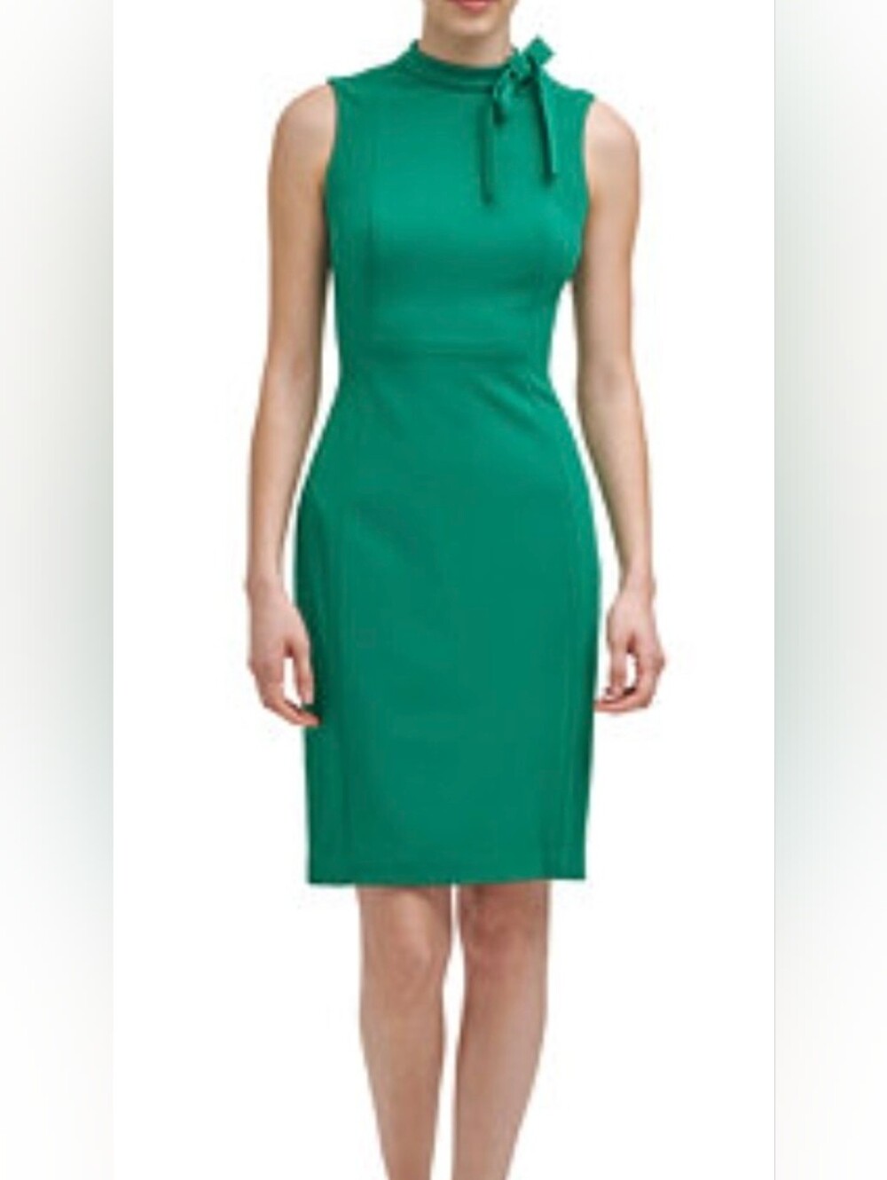 Calvin Klein Sheath Dress Sophisticate Mock Neck/ Bow Green  Size 12. New.